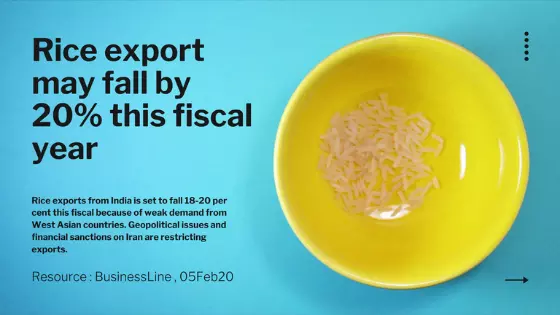 Rice exports may fall by 20 percent this fiscal..